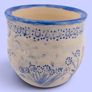 Studio Pottery Planter Blue Cream Dandelion Floral Design Marked LA 3 5/8"